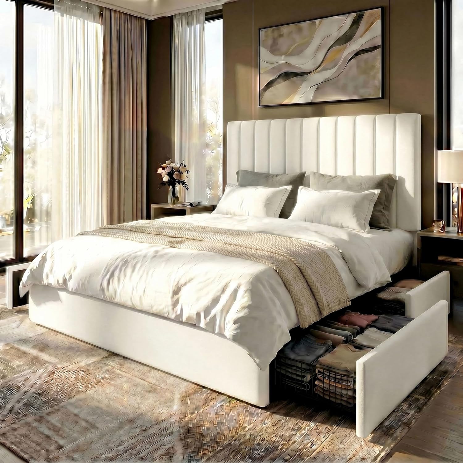 SHA CERLIN Queen Size Platform Bed Frame with 4 Storage Drawers, Vertical Channel Tufted Adjustable Headboard, Velvet Upholstered, Wooden Slats Support, No Box Spring Needed, Easy Assembly, White