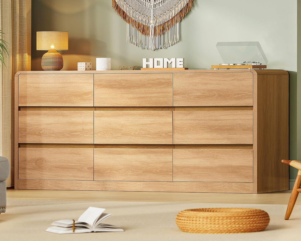 TEENFON 9 Drawer Dresser for Bedroom, 63' Wide Dressers & Chest of Drawers with Curved Profile Design, Wood Closet Storage Dressers Organizer for Bedroom, Living Room, Natural