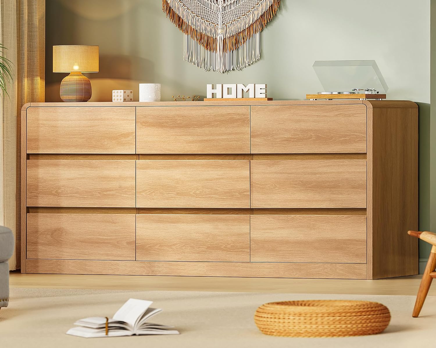 TEENFON 9 Drawer Dresser for Bedroom, 63' Wide Dressers & Chest of Drawers with Curved Profile Design, Wood Closet Storage Dressers Organizer for Bedroom, Living Room, Natural