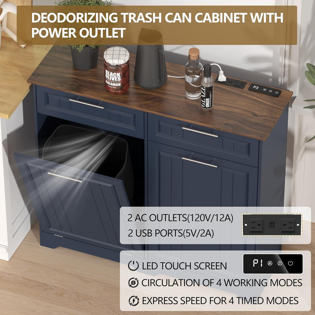 Double 10 Gallon Tilt Out Trash Can Cabinet with Deodorizing Function and Power Outlet, Wooden Hidden Garbage Can Holder with 2 Storage Drawers for Kitchen, Laundry Hamper Cabinet for Bathroom, Blue