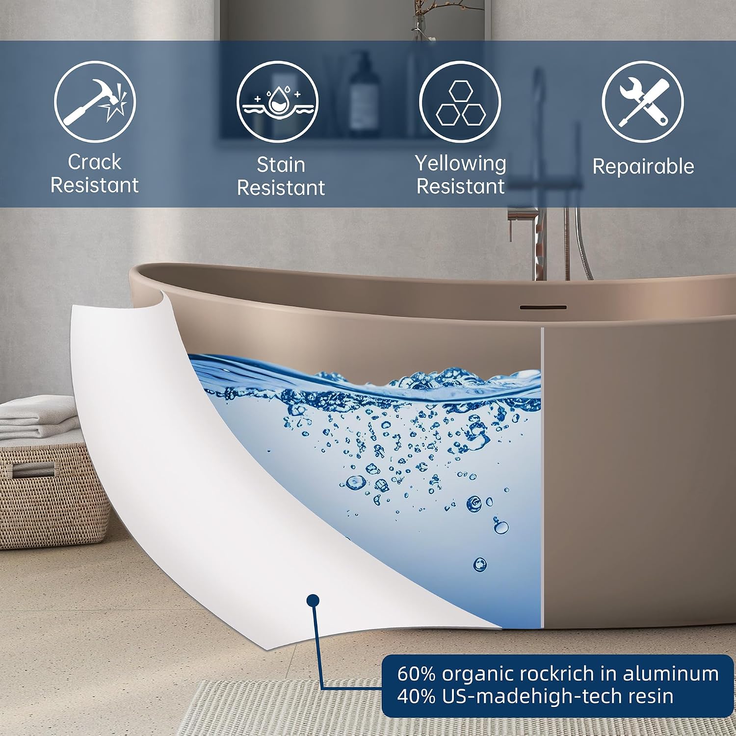 65'' Stone Resin Solid Surface Freestanding Bathtub, Modern Elegant Design Soaking Stand Alone Tub, Light Gray, Drain and Overflow Included
