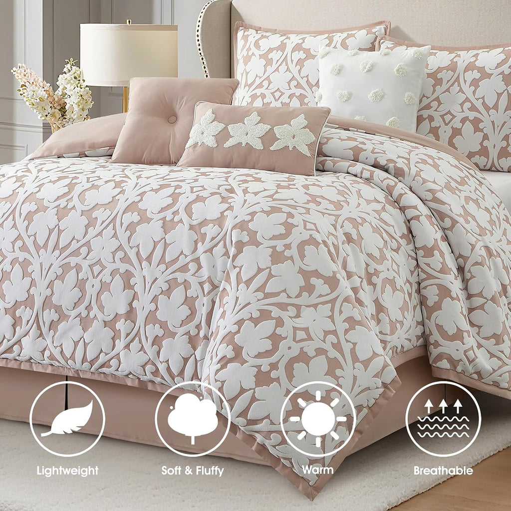 LANCO MODERN LIFESTYLE 7 Pieces Comforter Set, Queen, Blush, Jacquard Floral Pattern and Classy Damask Medallion Design, Ultra Soft, Includes Bed Skirt, Shams, and Decorative Pillows