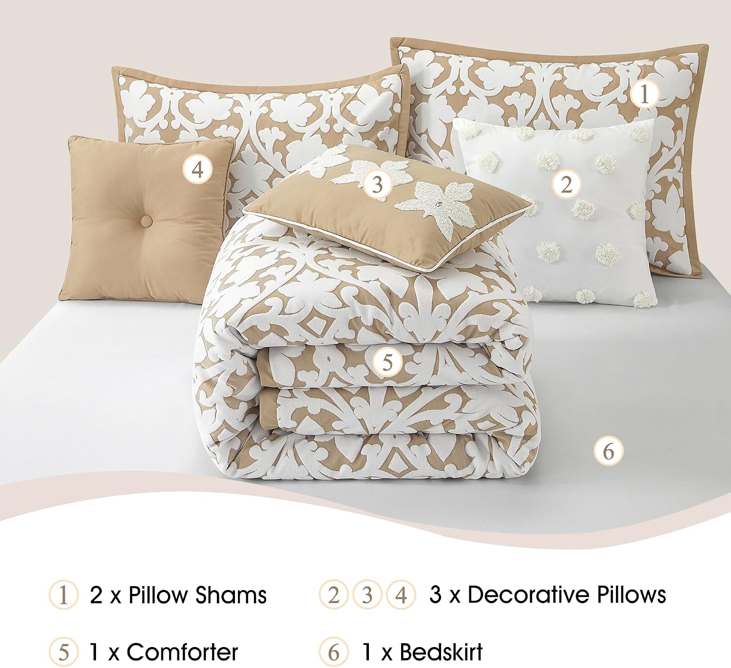 Stratford Park Floral Leaves Comforter Set, Khaki King Size Bedding, 7 Piece Jacquard Bedding Set, All Season, Matching Pillows, Shams, Bed Skirt