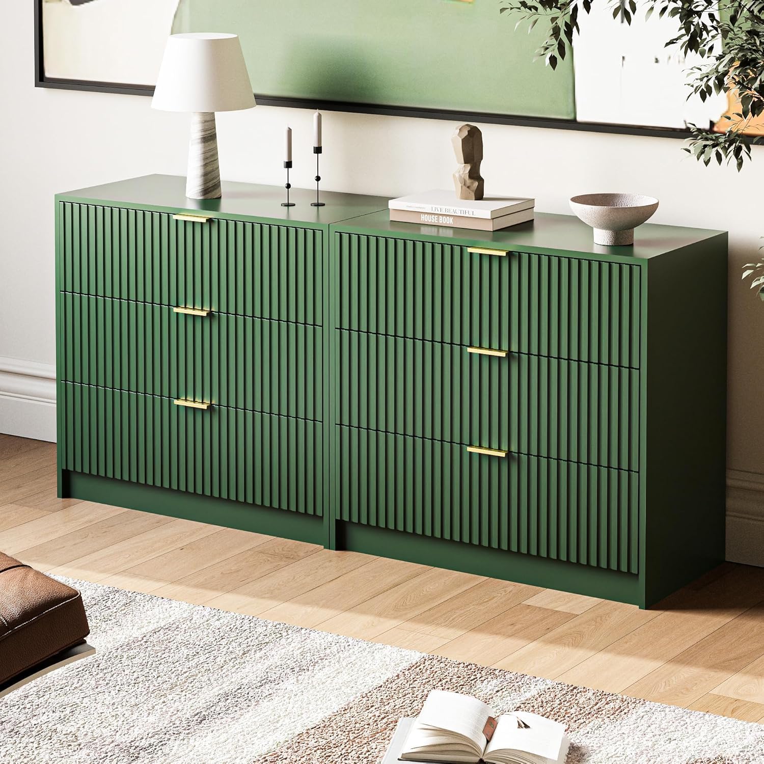 MAISONARIA 3-Piece Dresser Bedroom Set, 5 Drawer Dresser & 3 Drawer Nightstands with Gold Handles, Fluted Wood Chest of Drawers for Bedroom, Living Room, Entryway, Green