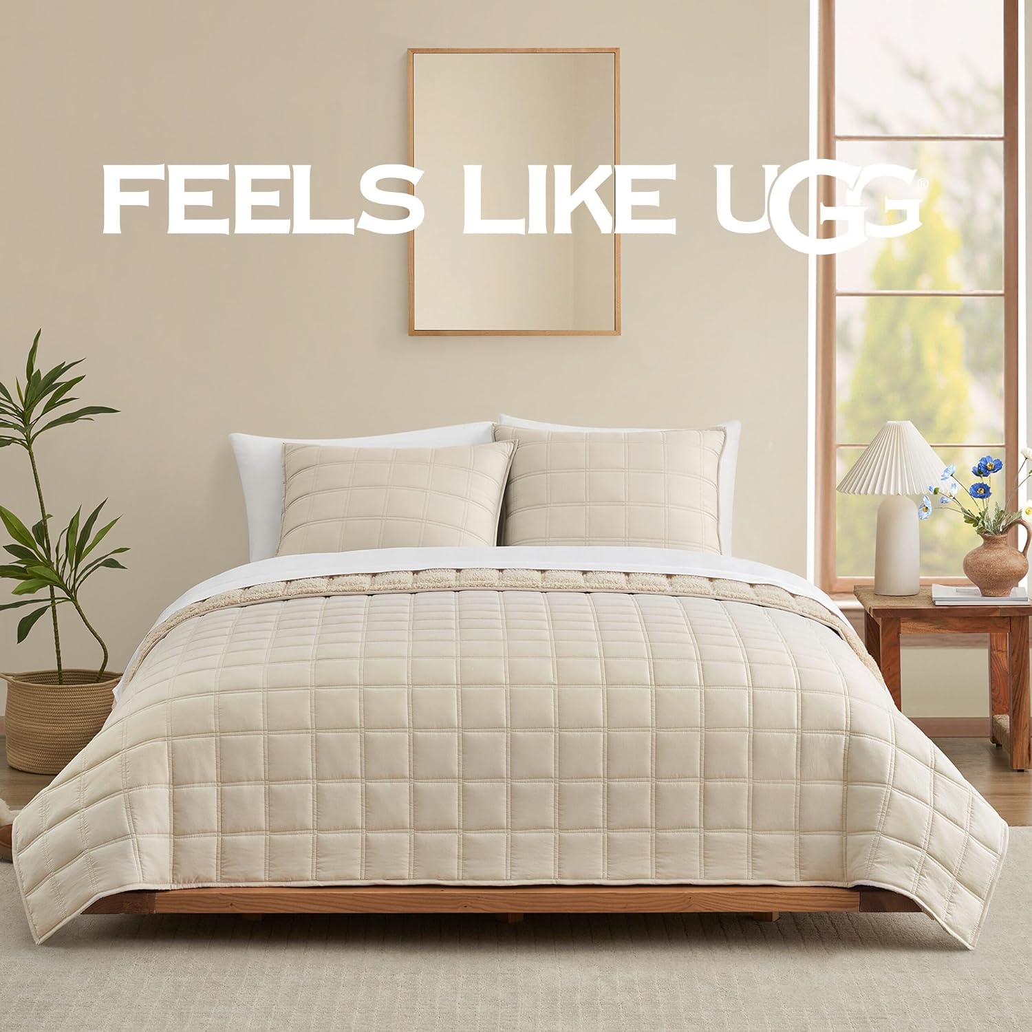 UGG Twin/Twin XL Quilt Set with 1 Pillow Sham – 2 Piece Lightweight All-Season Bedspread, Ultra-Soft Fluffy Reversible Quilt Set for Dorm, Apartment & Modern Bedroom Decor, Cream (Gizelle)