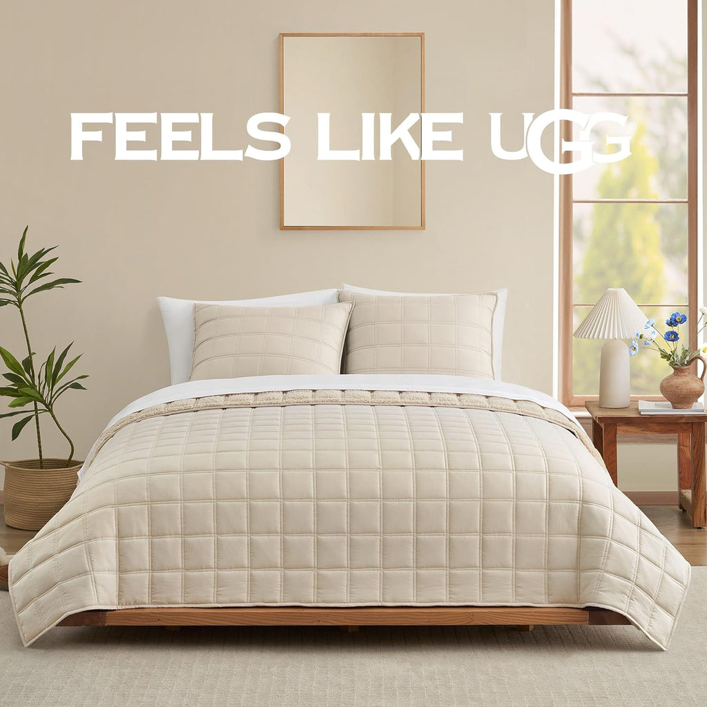 UGG Full/Queen Quilt Set with 2 Pillow Shams – 3 Piece Lightweight All-Season Bedspread, Ultra-Soft Fluffy Reversible Quilt Set for Apartment, Home & Modern Bedroom Decor, Cream (Gizelle)