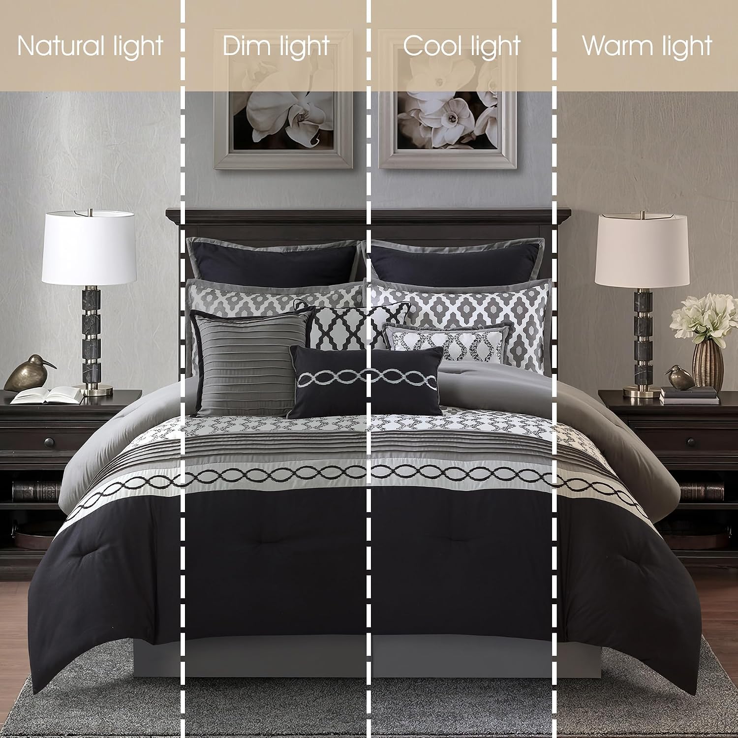 Grand Avenue Black King Comforter Set, 10 Piece, Jacquard Bedding Comforters & Sets, Matching Bedskirt, Pillows & Shams, Ultra-Soft