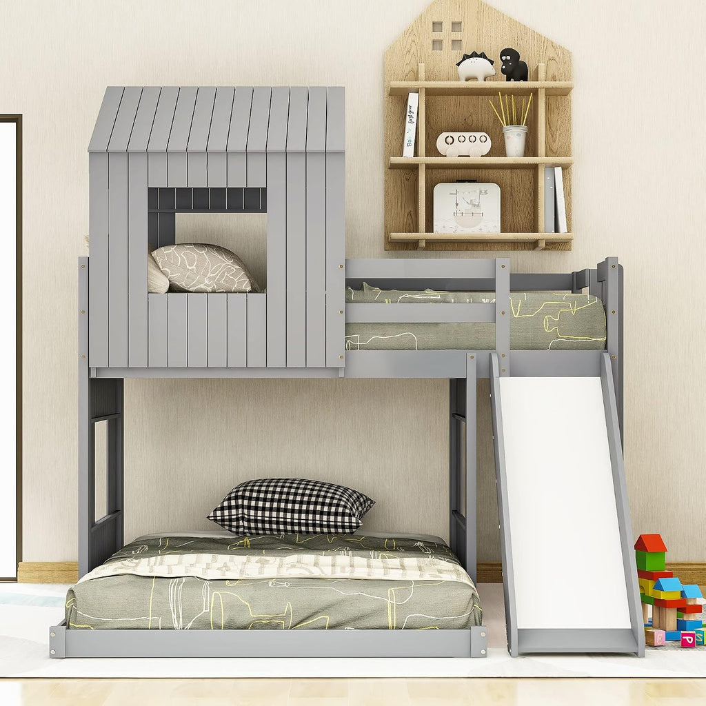 MERITLINE House Bed Bunk Beds with Slide Twin Over Full Size Bunk Bed Frame with Slide,Wooden Playhouse - Design Slide Bunk Beds Twin Over Full Bunk for Boys and Girls
