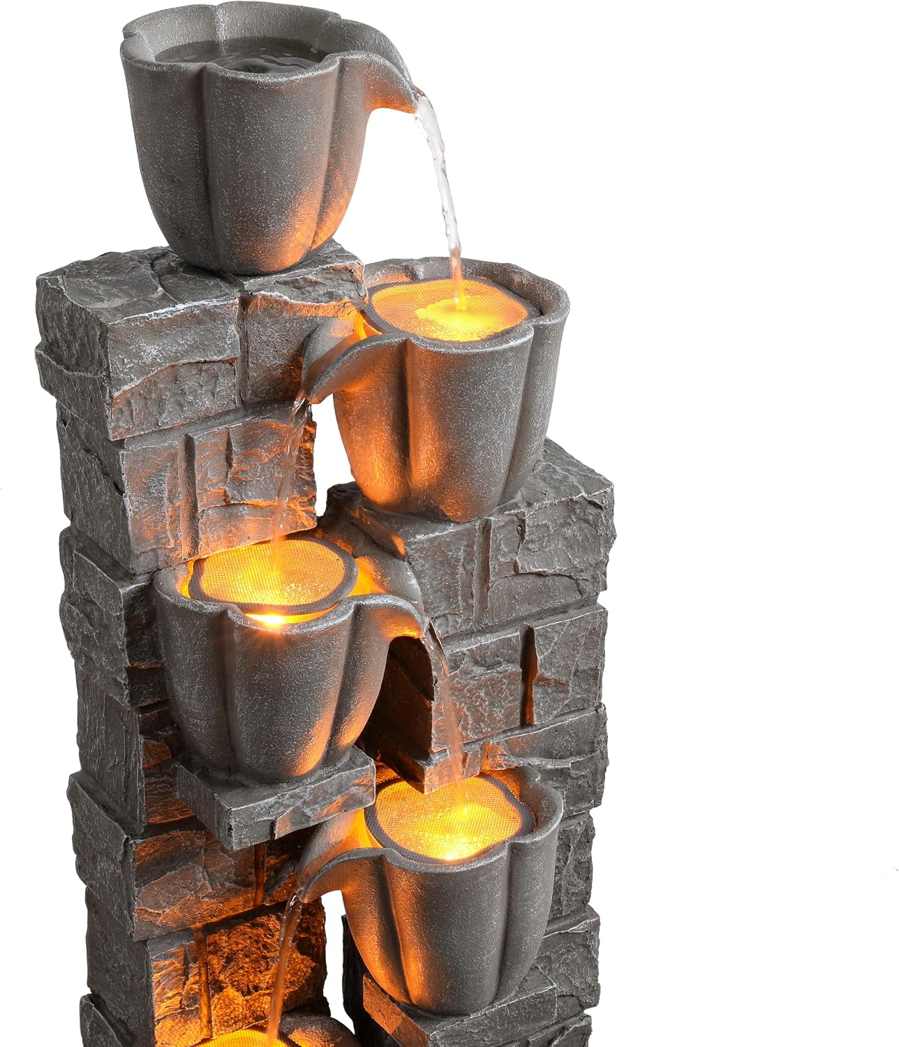 Cheng Pin Solar Powered Water Fountain Outdoor, 38.2 Inch Tall 4 Tiers Tulip Waterfall Fountain with LED Lights, Grey Decorative Natural Water Feature Ornament for Garden, Patio, Lawn Yard Landscape