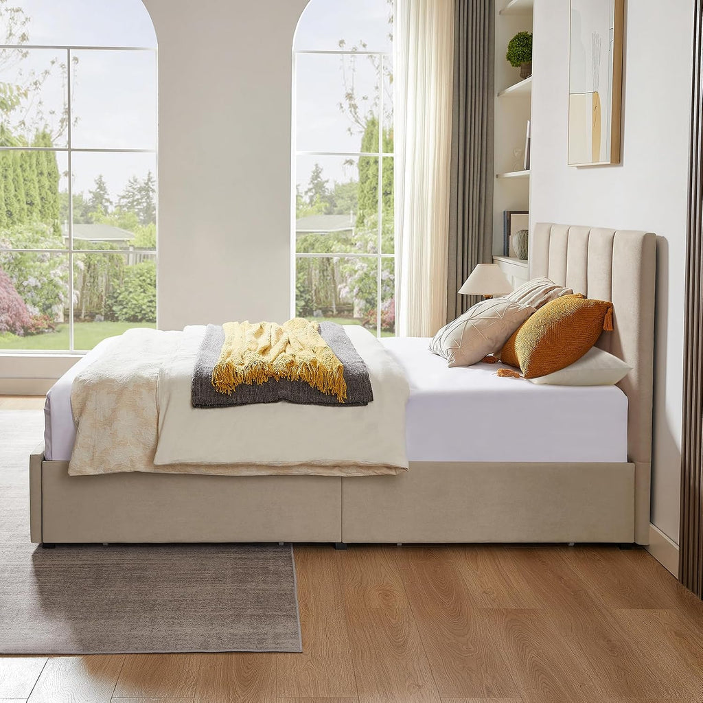 VELOCAVA Queen Size Upholstered Storage Bed Frame with 4 Drawers, Modern Linen Platform Bed with Vertical Channel Headboard, Sturdy Wood Slats, Under Bed Storage, No Box Spring Needed, Beige
