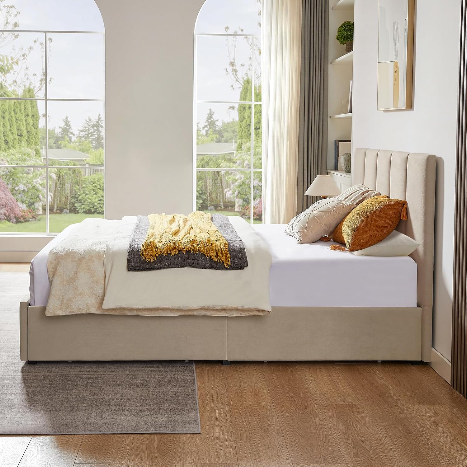 VELOCAVA Queen Size Upholstered Storage Bed Frame with 4 Drawers, Modern Linen Platform Bed with Vertical Channel Headboard, Sturdy Wood Slats, Under Bed Storage, No Box Spring Needed, Beige