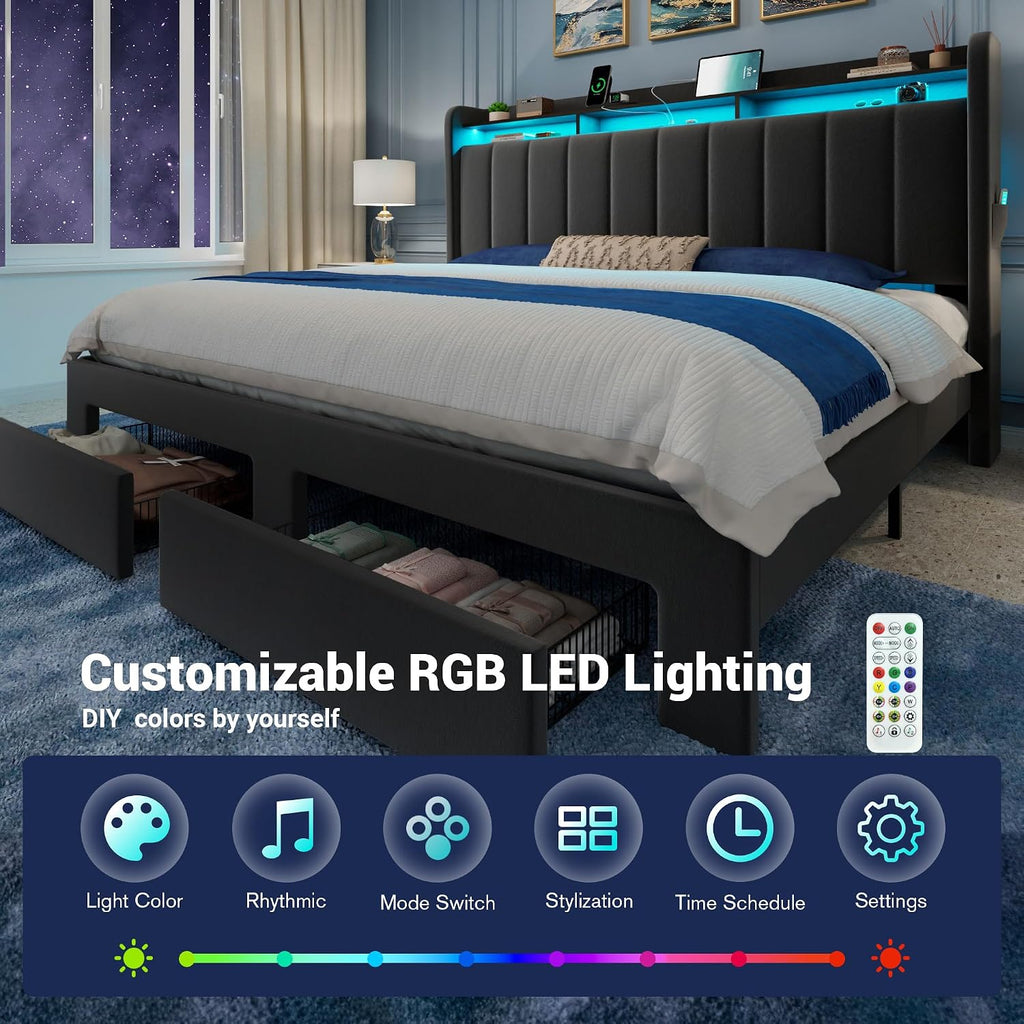Allewie King Size Bed Frame with 2-Tier LED Storage Headboard, Velvet Upholstered King Platform Bed with 2 Storage Drawers, USB & Type-C Charging Ports, Noise-Free/No Box Spring Needed, Black