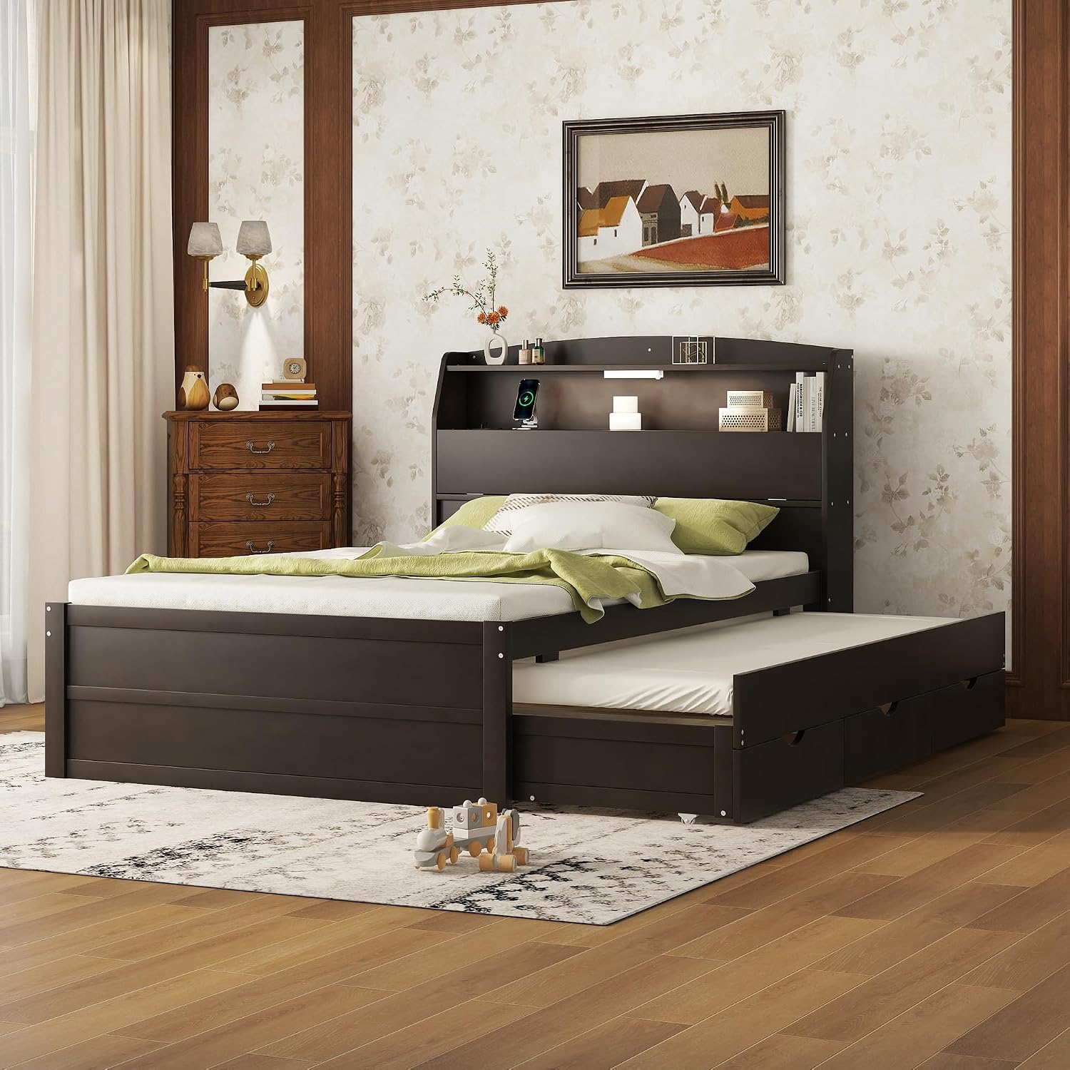 Multi-Function Full Size Platform Bed with Trundle and 3 Drawers, Wood Captain Platform Bed Frame with Storage Headboard and Night Light, Maximized Space (Brown-D1, Full)