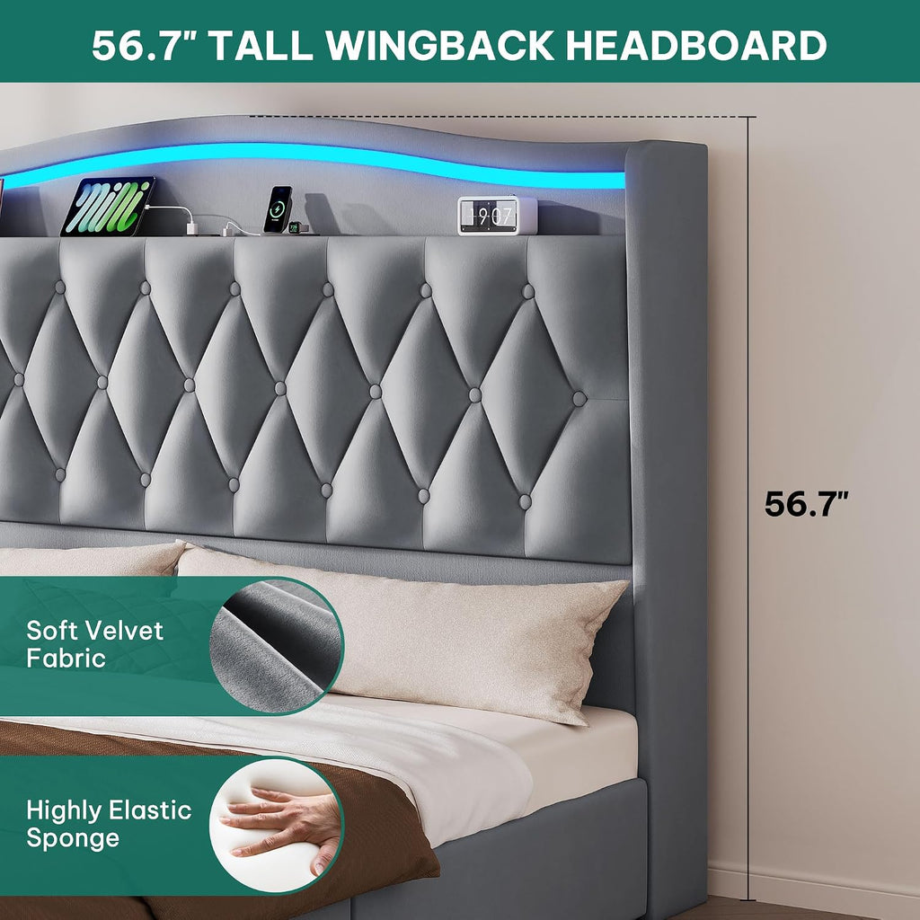 YITAHOME King Size Bed Frame with 4 Storage Drawers and RGB LED Lights, 57'' Tall Headboard Velvet Upholstered Bed with Charging Station, No Box Spring Needed, Easy Assembly, Noise-Free, Grey