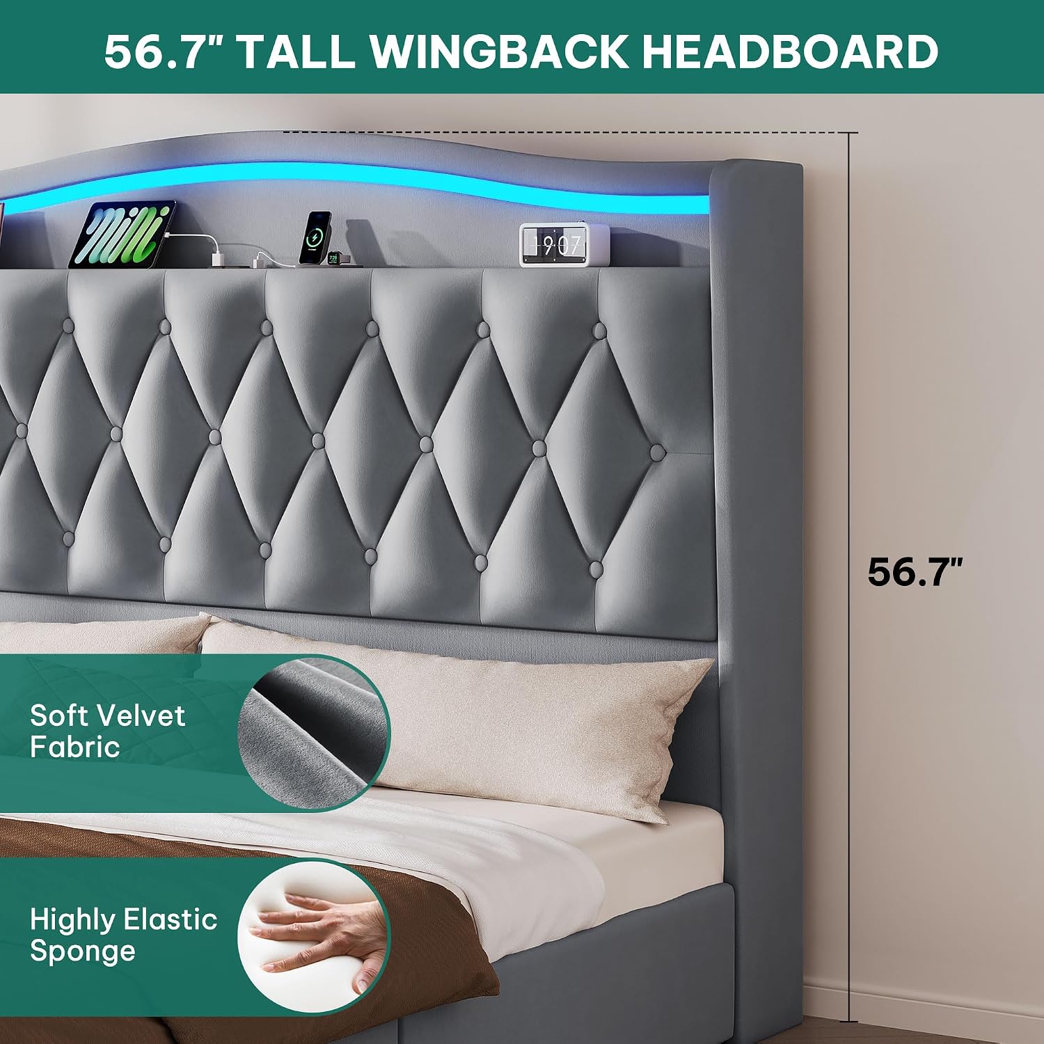 YITAHOME King Size Bed Frame with 4 Storage Drawers and RGB LED Lights, 57'' Tall Headboard Velvet Upholstered Bed with Charging Station, No Box Spring Needed, Easy Assembly, Noise-Free, Grey