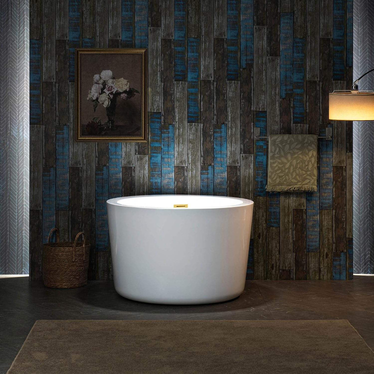 WOODBRIDGE 41' Acrylic Freestanding Round Contemporary Soaking Tub with Pre-molded Seat and Brushed Gold Overflow and Drain Option, White