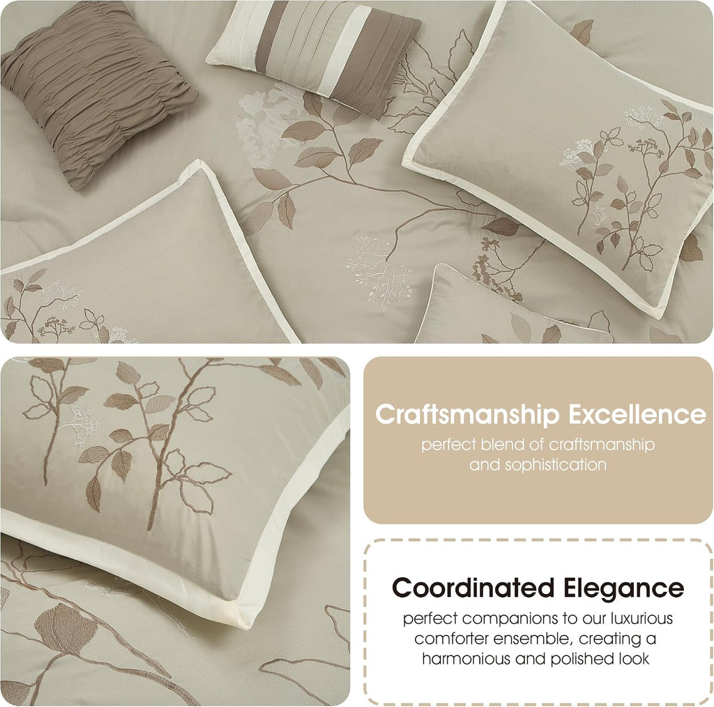 Grand Avenue Beige Comforter Set King Size, 7 Piece Embroidery Bedding Set, Pillow Sham, Bedskirt, Decorative Pillow, Floral Comforters, Home Decor