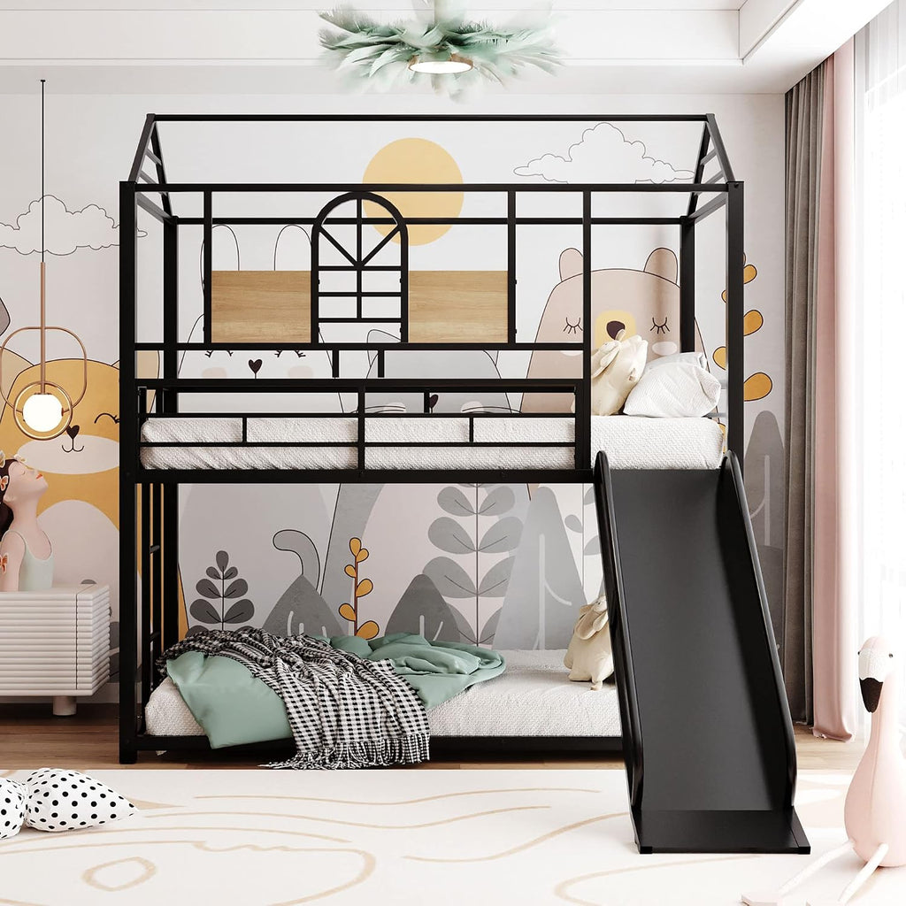 MERITLINE Metal Bunk Bed Twin Over Twin Bunk Bed Frame with Slide,Twin Over House Bed with Guardrails