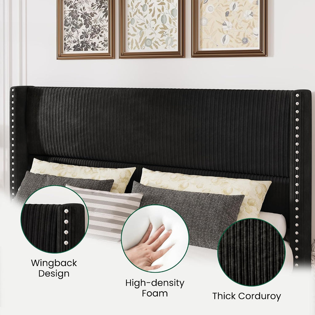 LARMACE Black Queen Bed Frame with Headboard Upholstered Platform Bed Frame Queen Size with 4 Storage Drawers Corduroy Bed Frame with Vertical Stripe,Solid Wood Leg/No Box Spring Needed/Noise Free