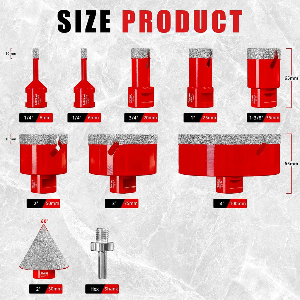 Diamond Hole Saw Kit, 10Pcs Tile Hole Saw Kit with 6/6/20/25/35/50/75/100mm Tile Drill Bits for Ceramic, Tiles, Granite, Marble and More Drilling