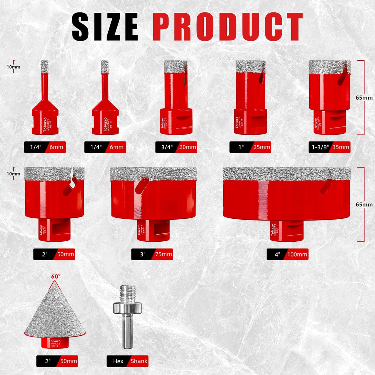 Diamond Hole Saw Kit, 10Pcs Tile Hole Saw Kit with 6/6/20/25/35/50/75/100mm Tile Drill Bits for Ceramic, Tiles, Granite, Marble and More Drilling