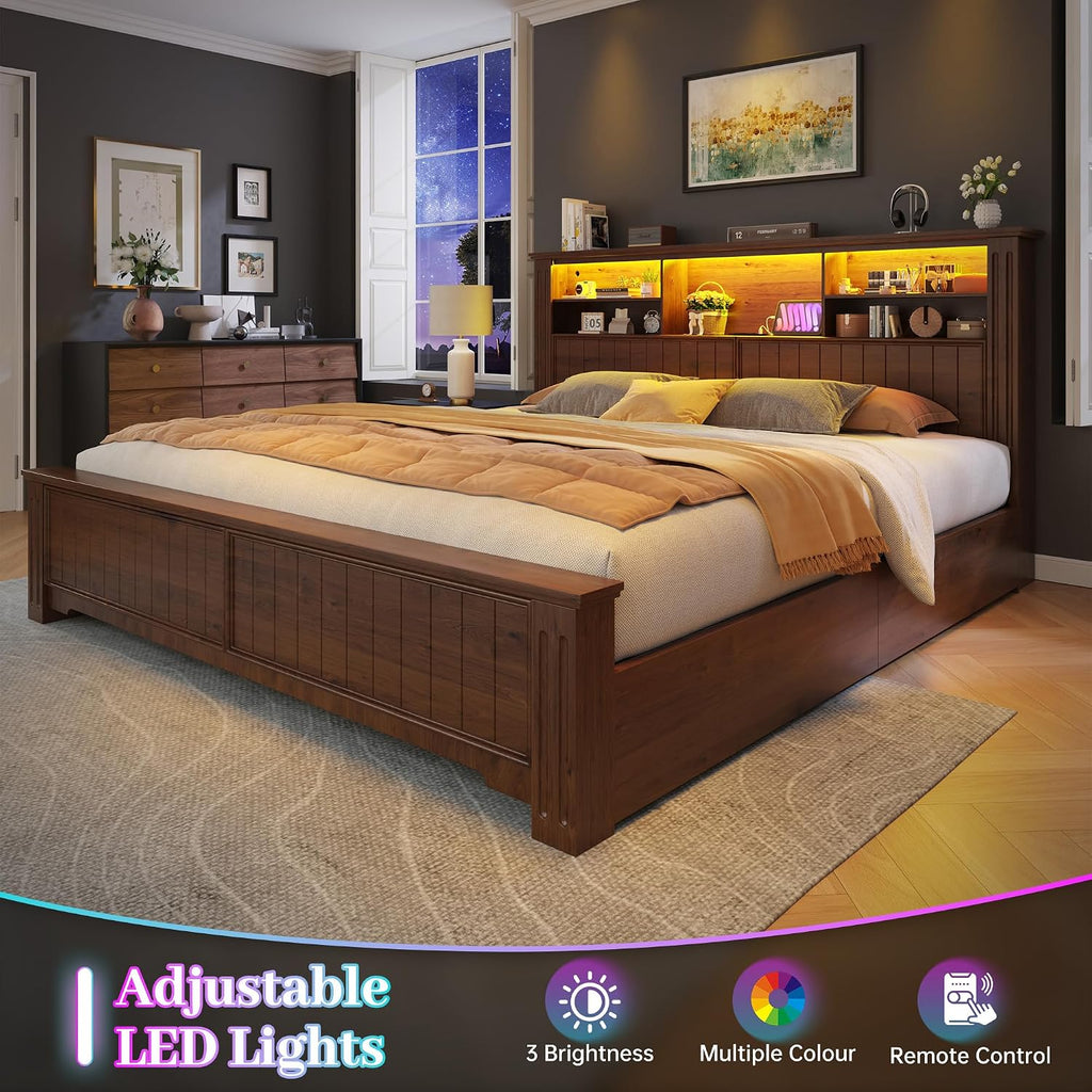 EnHomee Queen Bed Frame with 4 Storage Drawers, Bed Frame Queen Size with Headboard,Sturdy Queen Bed with LED Lights & Charging Ports,Wooden,No Box Spring Needed,Noise-Free,Brown