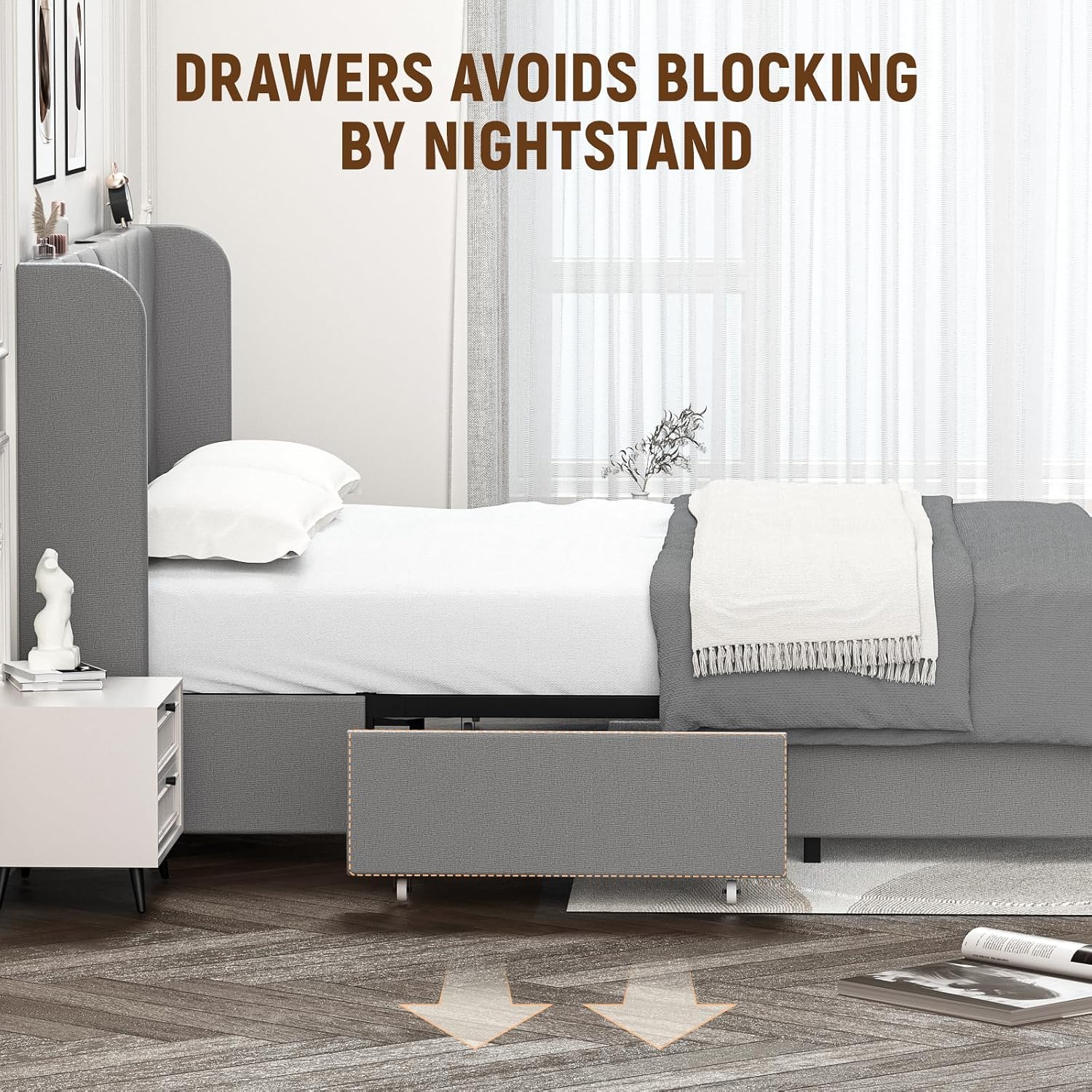 LUCKLIFE Queen Size Metal Bed Frame with Upholstered Headboard,Storage Drawers,USB&Type-C Charging Ports,No Box Spring Needed,Grey