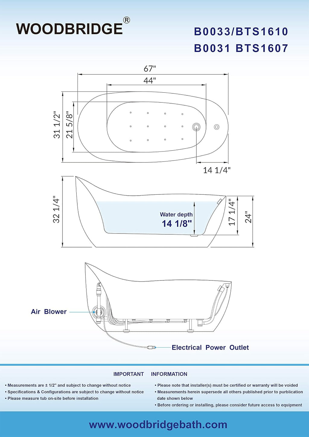 WOODBRIDGE 67' Acrylic Freestanding Bathtub Contemporary Soaking Chrome Overflow and Drain,White Air Bubble Tub