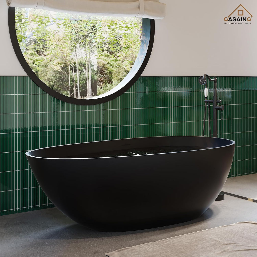 CASAINC 59' Solid Surface Freestanding Bathtub Egg-Shaped Stone Resin Freestanding Tub Matte Black Stand-Alone Tub with Drain, Drain Hose & Sanding Paper