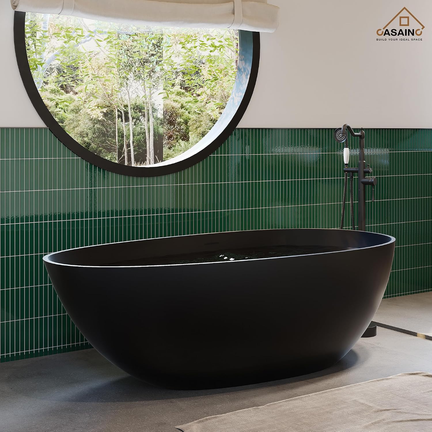 CASAINC 59' Solid Surface Freestanding Bathtub Egg-Shaped Stone Resin Freestanding Tub Matte Black Stand-Alone Tub with Drain, Drain Hose & Sanding Paper