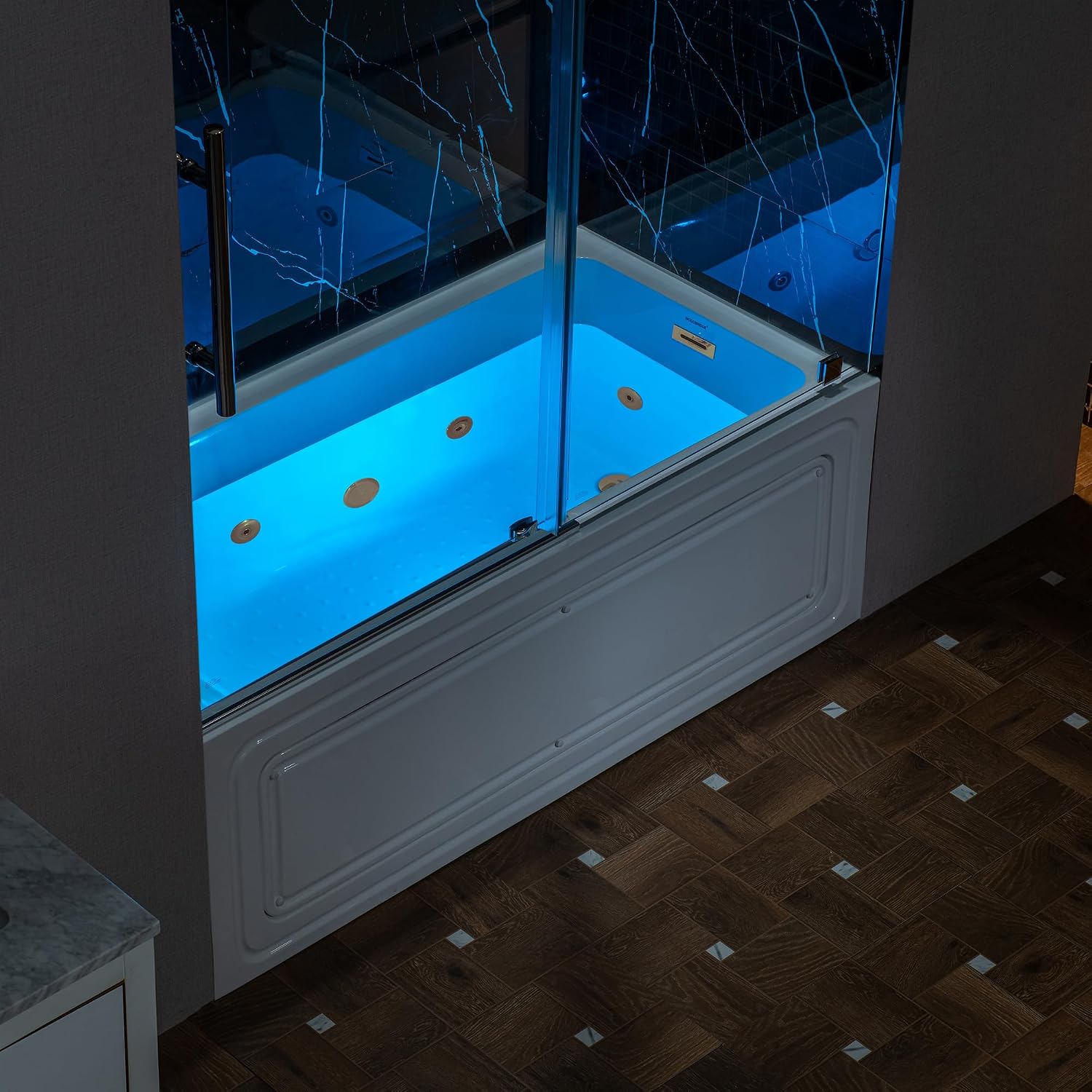 WOODBRIDGE 60' x 30' Alcove Acrylic Rectangular Whirlpool Heated Jetted Tub in White with right Drain, Brushed Gold Finish Trim and Drain Kit Included, BS666-R-BG03
