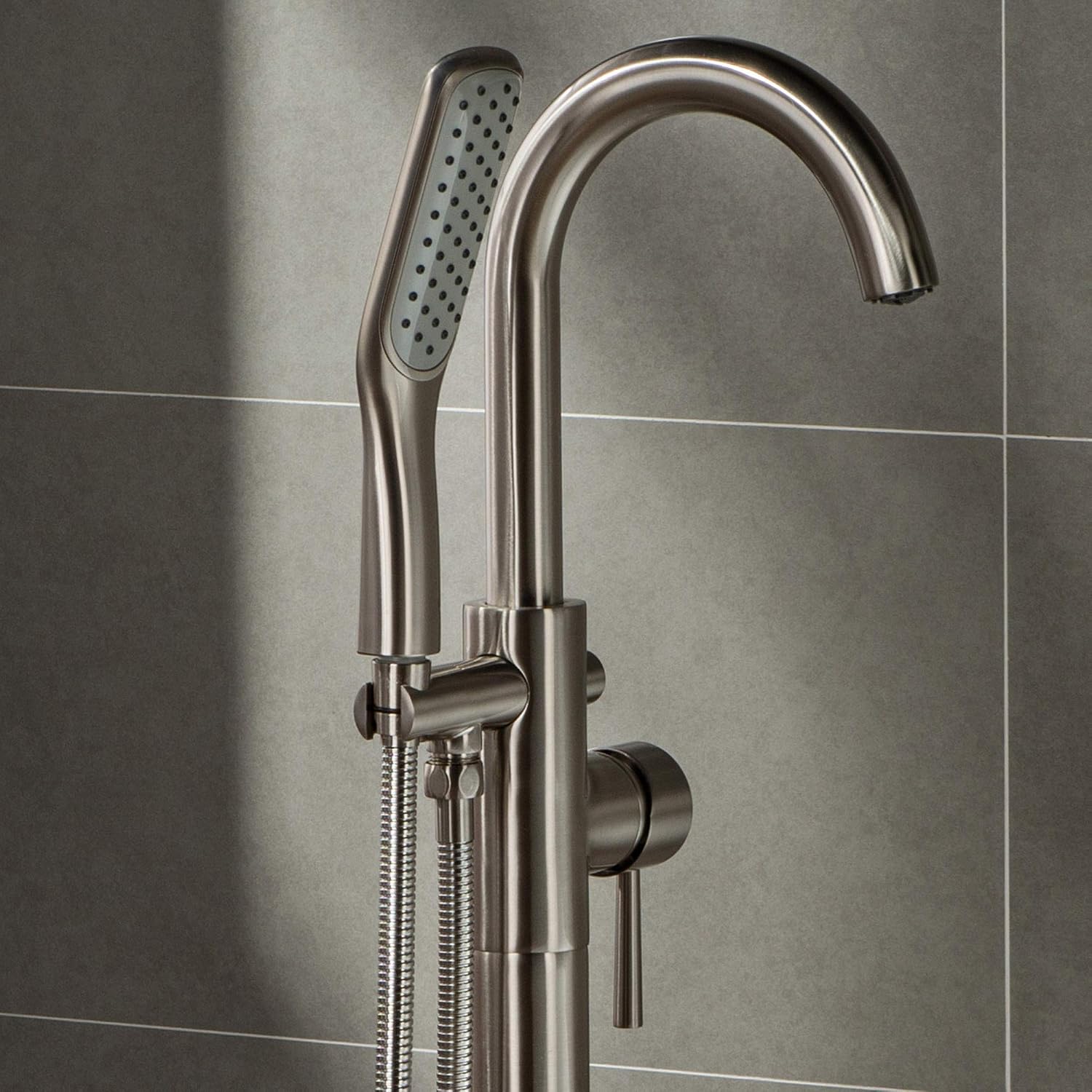 WOODBRIDGE 71'Freestanding White Acylic Soaking Bathtub with Drain Kit and Floor Mount Tub Filler in Brushed Nickel,BTA1517 -B/N-Drain &O +F0001BNSQ