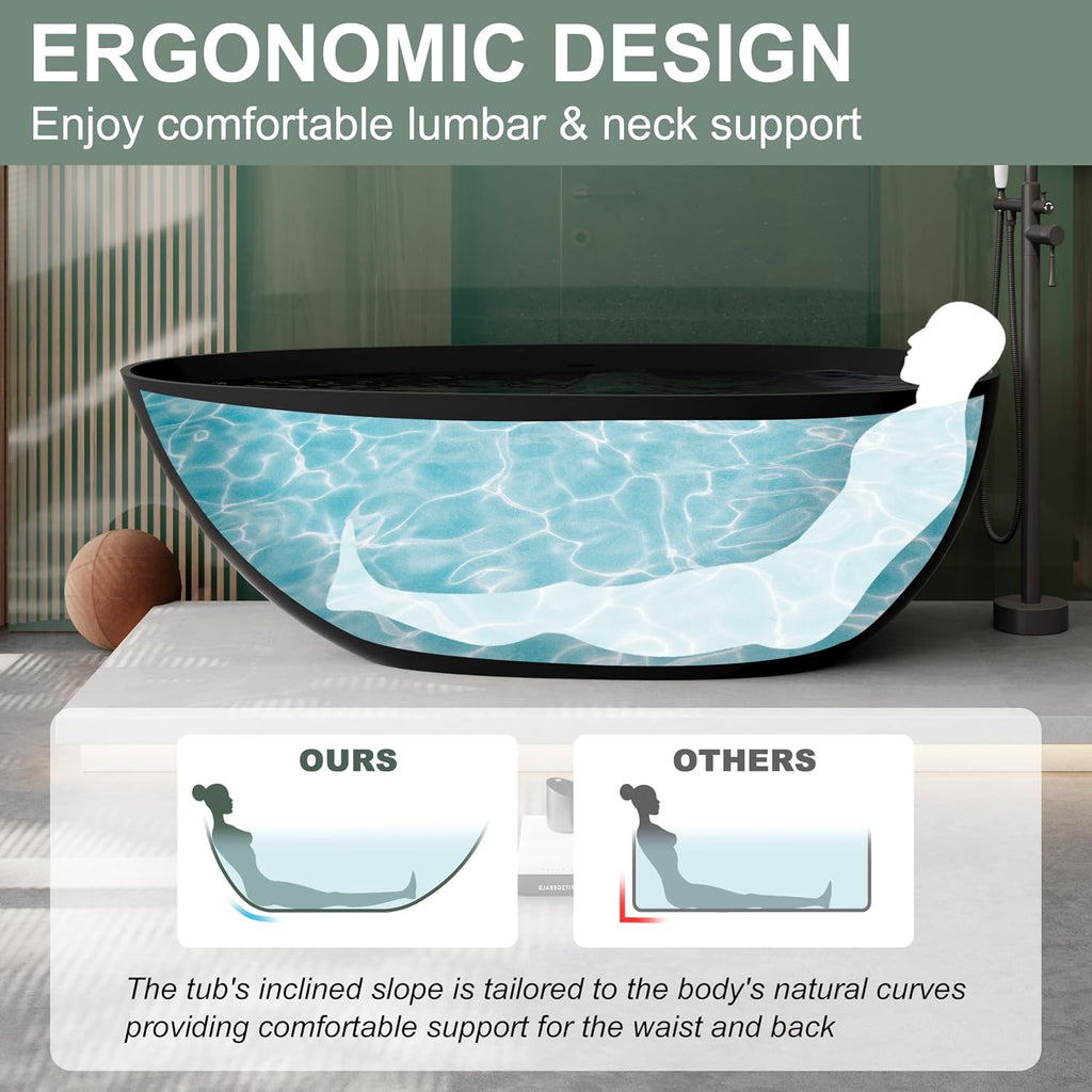CASAINC 67' Freestanding Bathtub Egg-Shaped Stone Resin Freestanding Tub Solid Surface Matte Black Stand-Alone Tub with Drain, Drain Hose & Sanding Paper