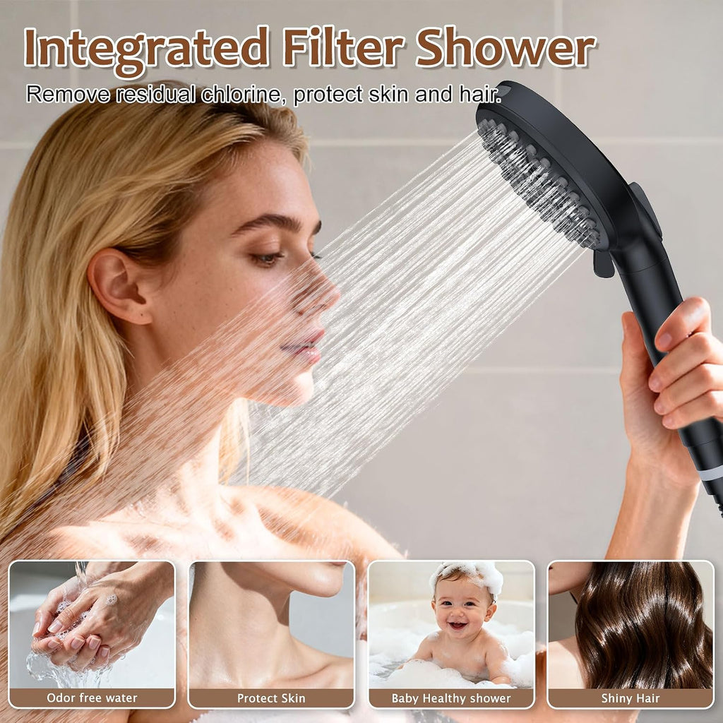 Iriber Mattle Black Bathtub Shower Faucet Set，Bathroom Shower System with Tub Spout ，Filtered Shower Head with Handheld, 9 Spray Mode Showerhead,Shower Valve Trim Kit Contain Cartridge,10 Inch