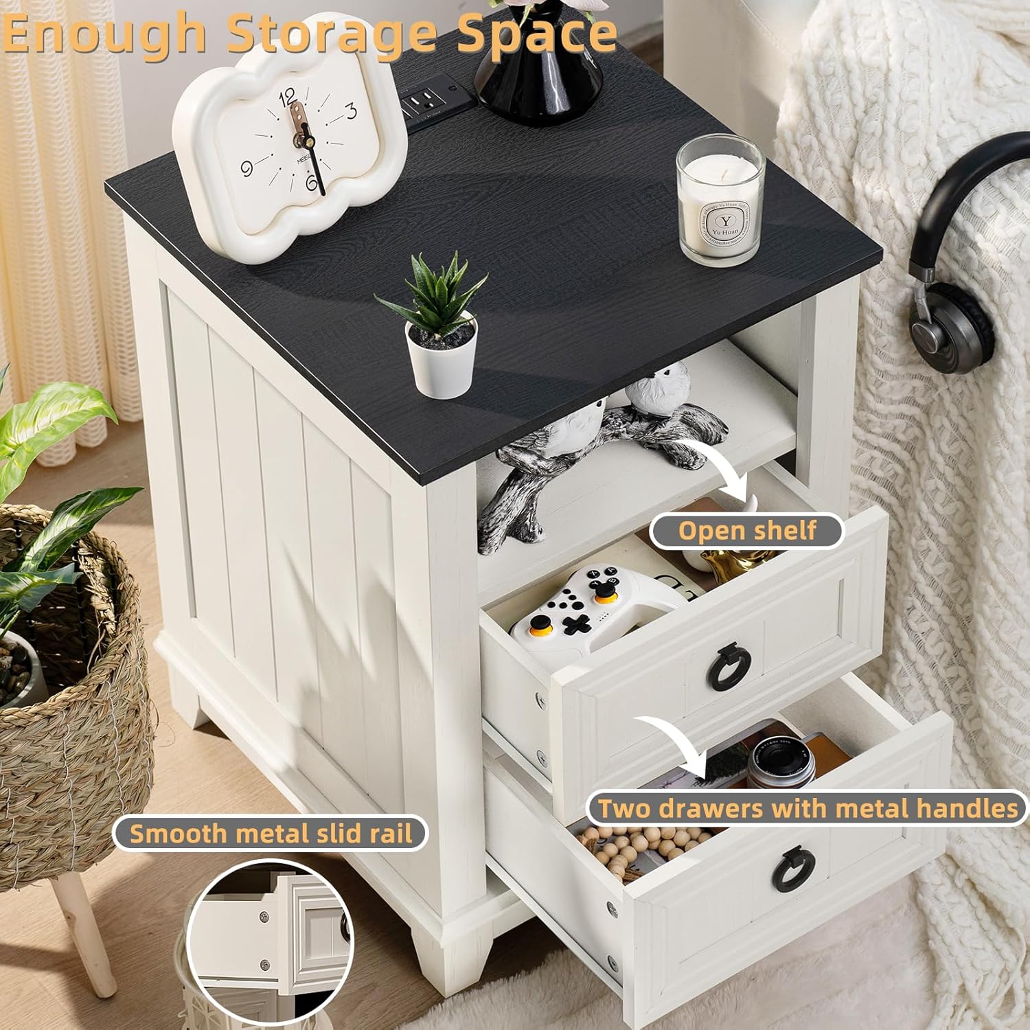 Joaxswe Farmhouse Furniture Set, Nightstands Set of 2 and 6 Drawers Dresser for Bedroom, 54 Inch Wide Wood Dresser and 18' Night Stands with Charging Station for Bedroom, Living Room, Hallway