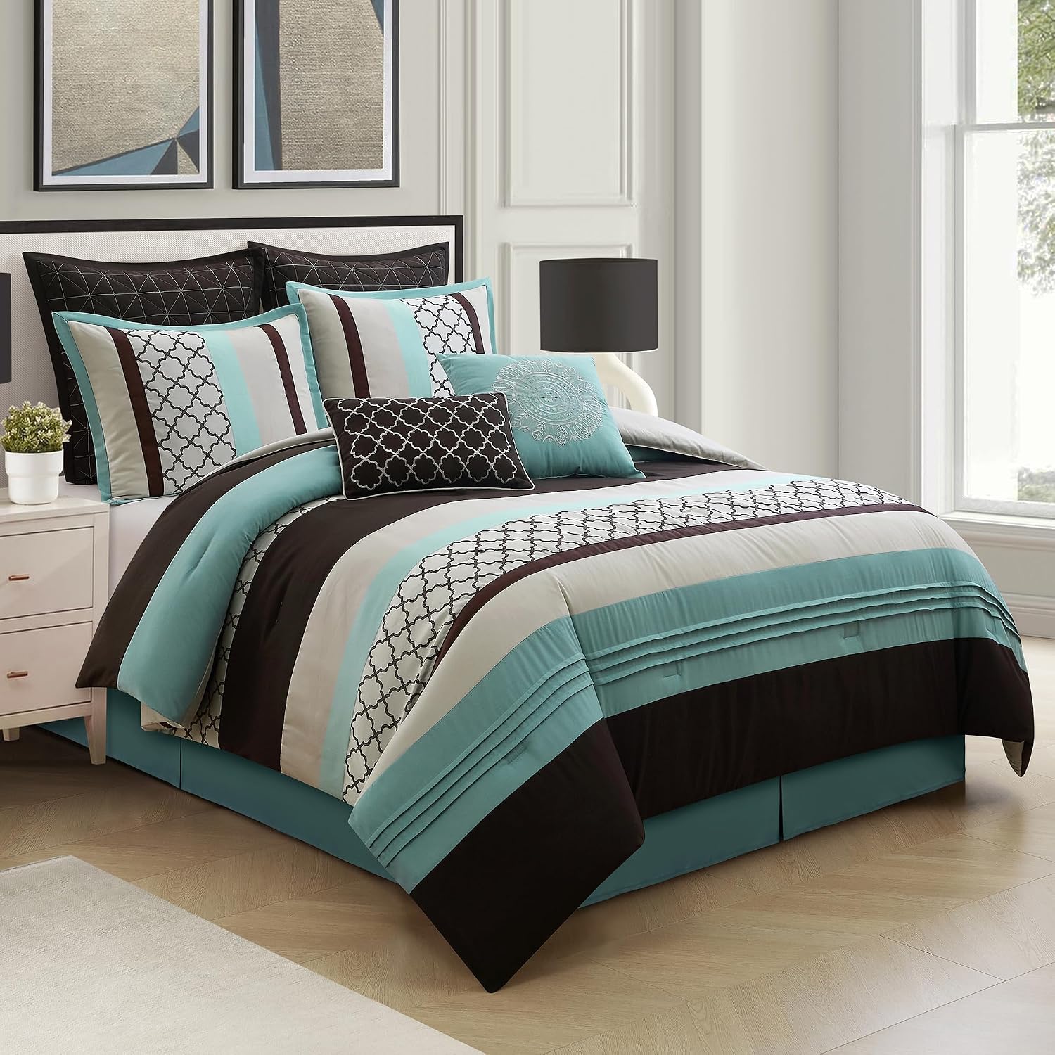 LANCO MODERN LIFESTYLE Queen Comforter Set, Aqua Brown Bedding Set, Jacquard Woven with Embroidery, 8 Pieces Bed in a Bag, Bed Skirt, Shams and Decorative Pillows