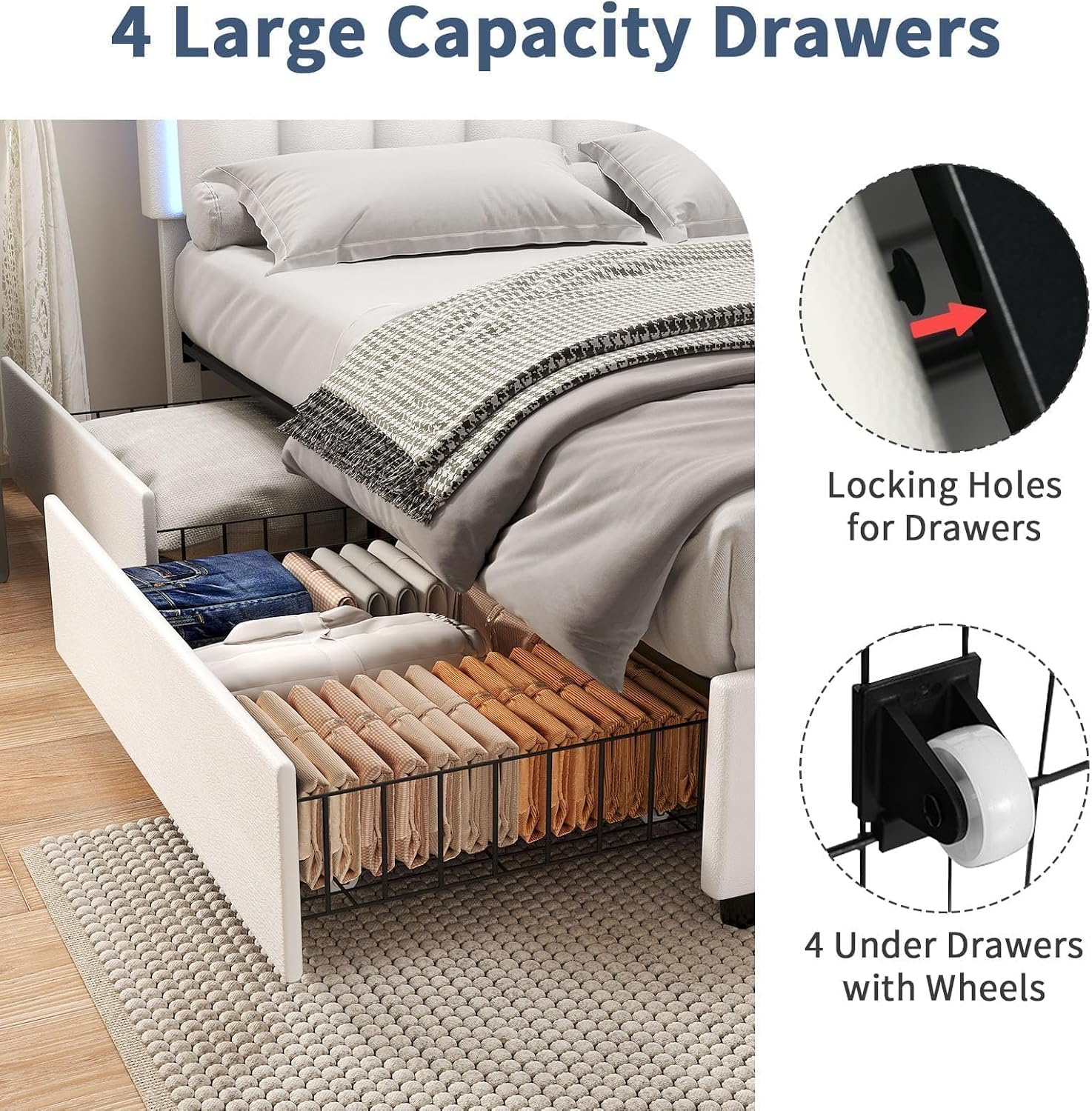 IMMERSTABLE Queen Size Bed Frame with Headboard and 4 Storage Drawers, Faux Leather Upholstered Platform Bed with LED Lights, Metal and Wood Slats, No Box Spring Needed, Easy Assembly, White