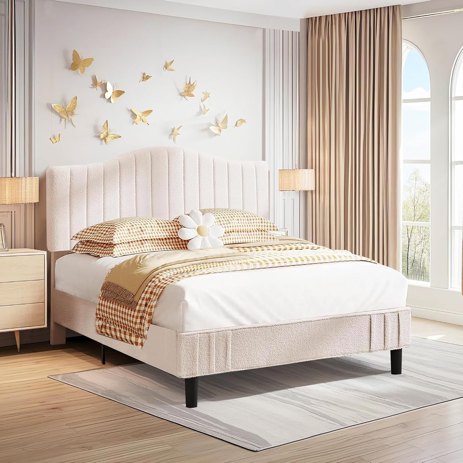 VECELO Full Size Upholstered Platform Bed Frame with Adjustable Teddy Fabric Headboard, Strong Wood Slats, 7.9' Under-Bed Storage, Noise-Free, No Box Spring Needed - Beige