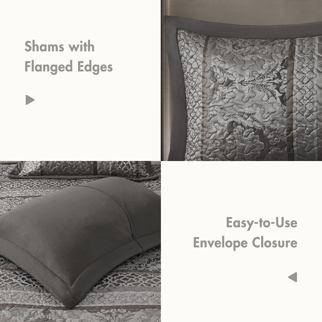 Madison Park Traditional Damask Design All Season, Lightweight Coverlet Bedspread Bedding Set, Matching Shams, Pillows, (102'x118'), Bellagio, Jacquard Grey, 5 Piece