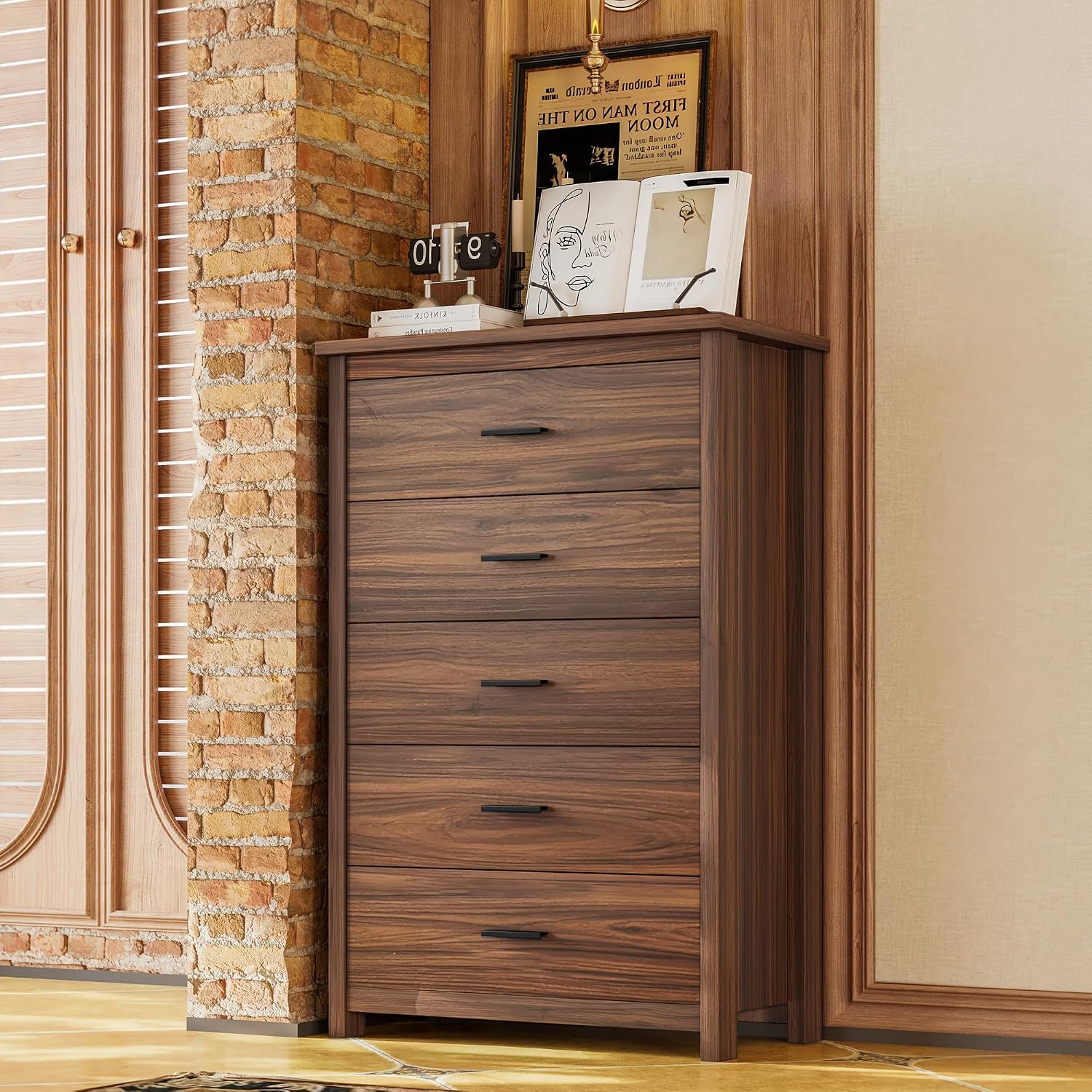 4PCS Bedroom Sets, Wooden Queen Size Bed Frame with Storage Headboard and Charging Station, 2 Nightstands with 2 Drawers,1 Dresser with 5 Drawers,Noiseless, No Box Spring Needed (Walnut-JU3)