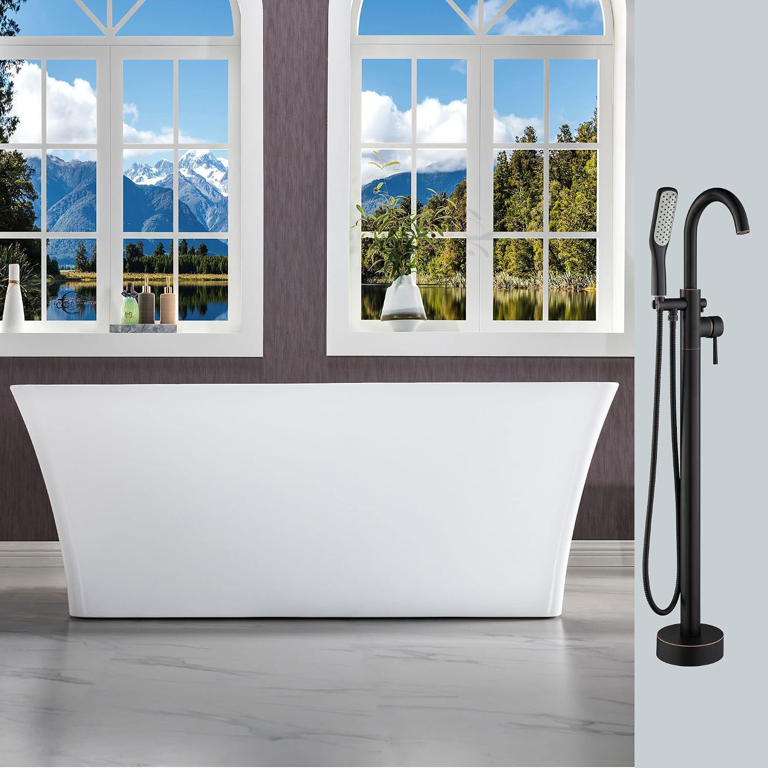 WOODBRIDGE 59' Freestanding White Acylic Soaking Bathtub with Drain Kit and Floor Mount Tub Filler in ORB,BTA1509-ORB-Drain &O+F0010ORBSQ, Oil Rubbed Bronze
