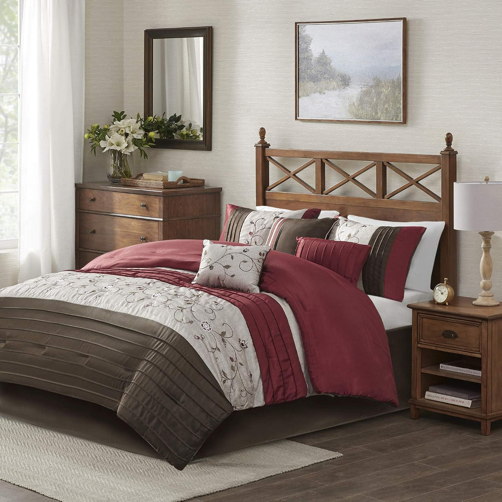 Madison Park Serene Faux Silk Comforter Set - Floral Embroidery Design, All Season Bedding Set, Matching Bed Skirt, Decorative Pillows, Red King(104'x92') 7 Piece