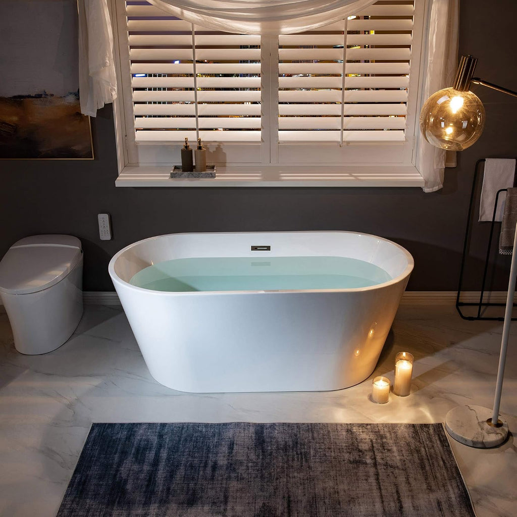 WOODBRIDGE 59' Acrylic Freestanding Bathtub Contemporary Soaking White Tub with Matte Black Overflow and Drain，B0014-MB-Drain &O