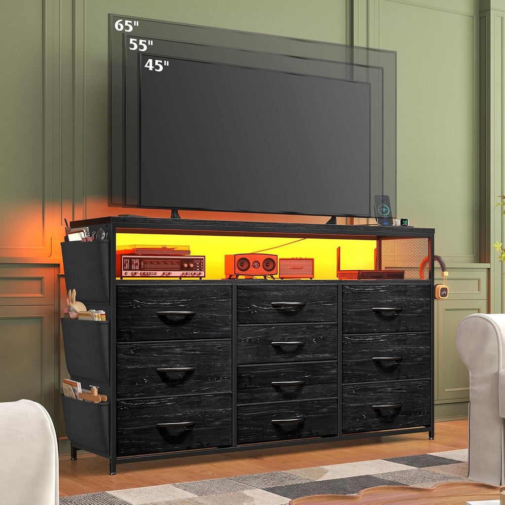 EnHomee Dresser for Bedroom with 10 Drawers, 55' TV Stands with LED Lights & Power Outlets, Dressers with Shelves & Side Pockets, Hooks for Hallway,Charcoal Black