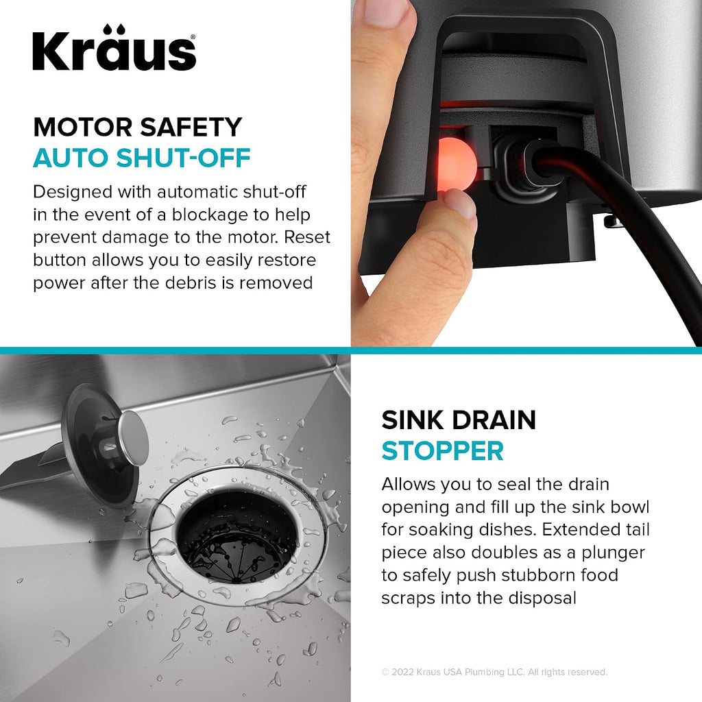KRAUS WasteGuard 1 HP Ultra-Quiet Garbage Disposal with Quick Connect, Kitchen Sink Drain Cover, Power Cord and Flange Included, KWD100-100MBL