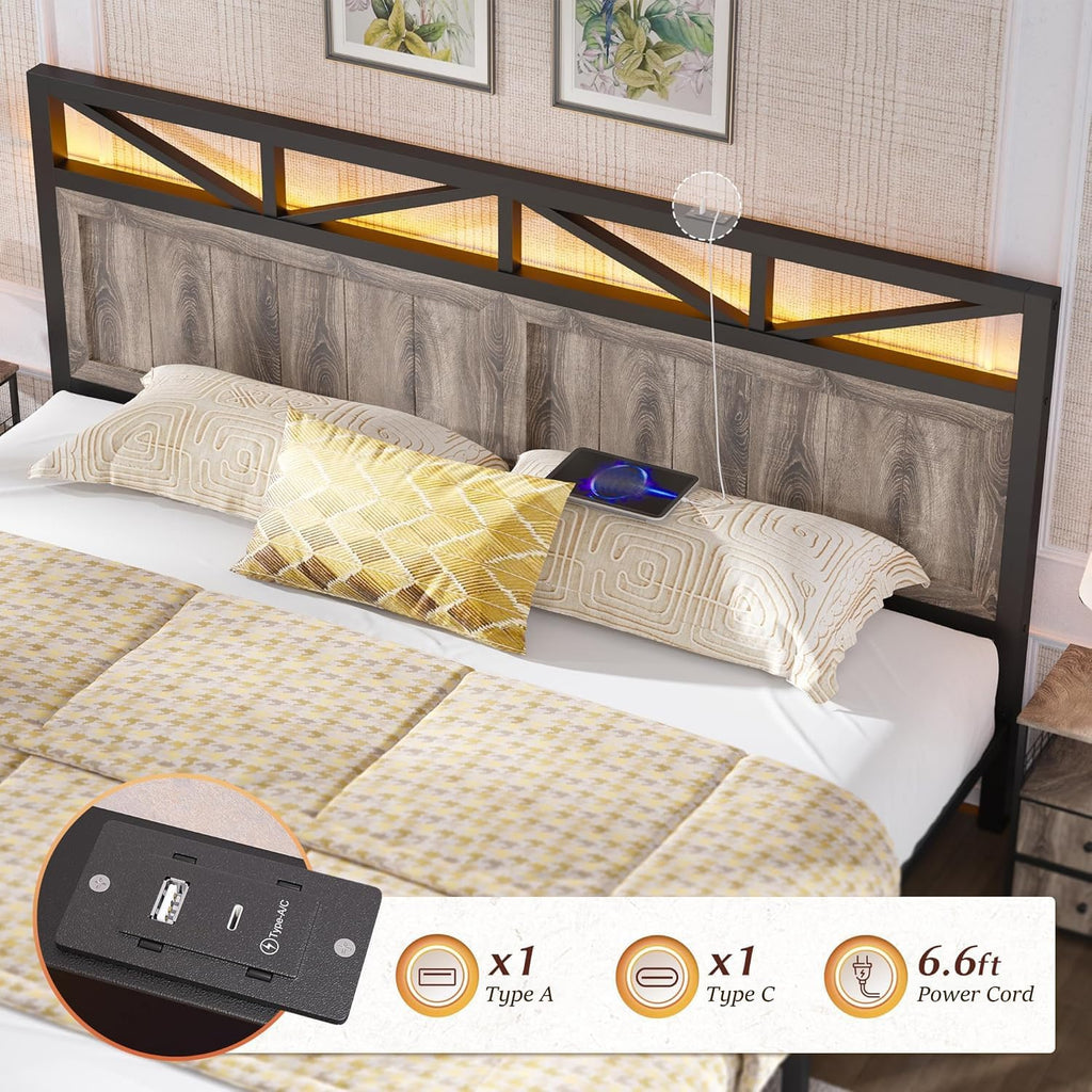 EnHomee Metal Bed Frame Queen Size with 2 Storage Drawers and Headboard,LED Lights, Built in Charging Station,NO Noise,No Box Spring Needed,Grey