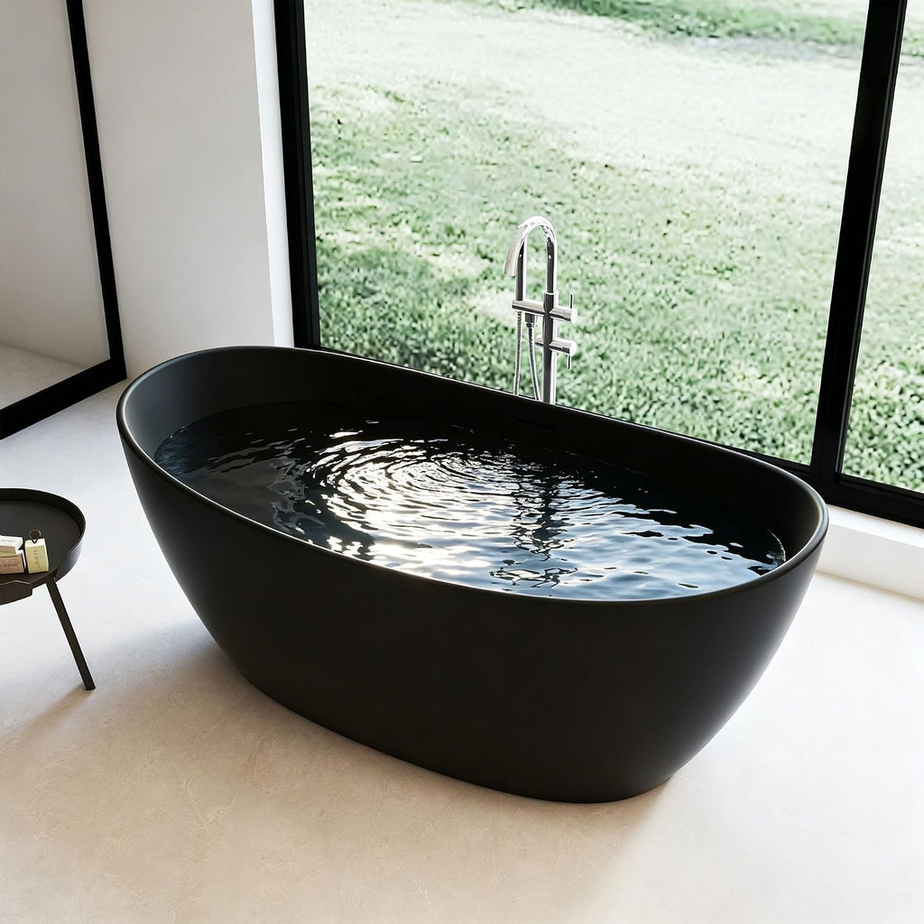 65' Stone Resin Black freestanding bathtubs，Transparent Oval Freestanding Tub Deep Soaking Bathtub Modern Tubs with Overflow and Pop-up Drain in Black