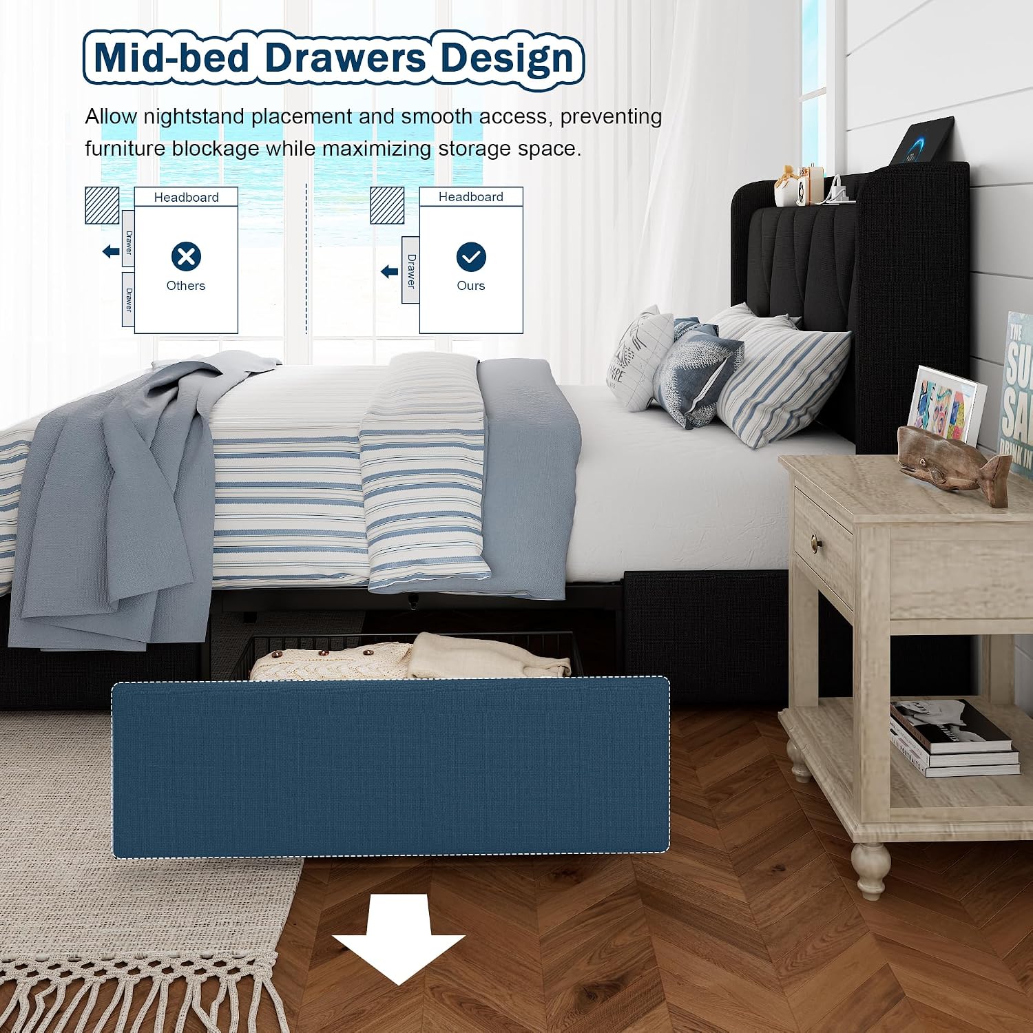 GalnFu Twin Bed Frame with 4 Large Storage Drawers, Upholstered Platform Bed with Charging Station, Modern Wingback Storage Headboard, Easy Assembly,Noise-Free, Black