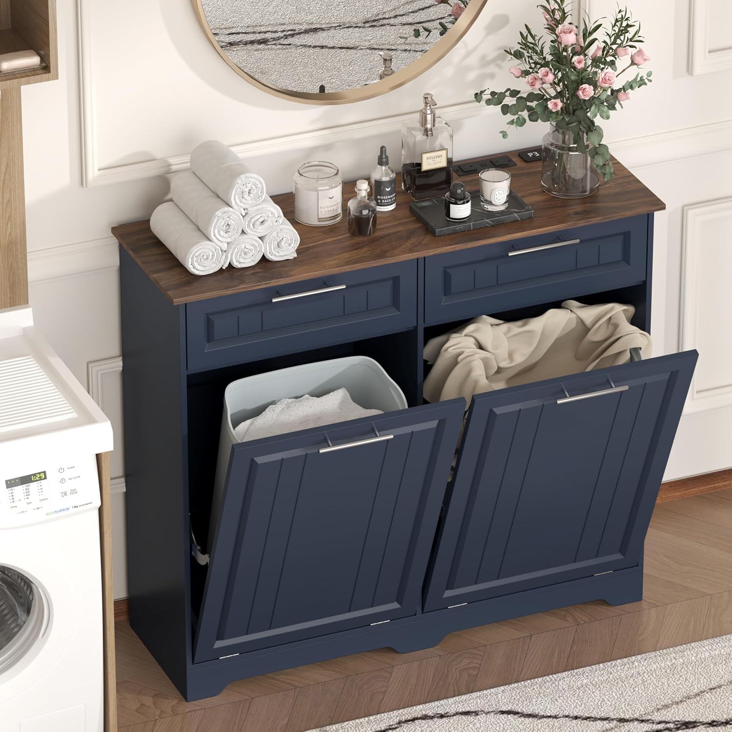 Double 10 Gallon Tilt Out Trash Can Cabinet with Deodorizing Function and Power Outlet, Wooden Hidden Garbage Can Holder with 2 Storage Drawers for Kitchen, Laundry Hamper Cabinet for Bathroom, Blue