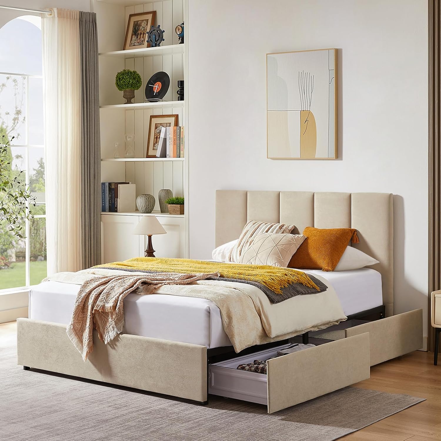 VELOCAVA Full Size Upholstered Bed with 4 Storage Drawers, Modern Linen Platform Bed Frame with Vertical Channel Headboard, Sturdy Wood Slats, Space-Saving Design, No Box Spring Needed, Beige